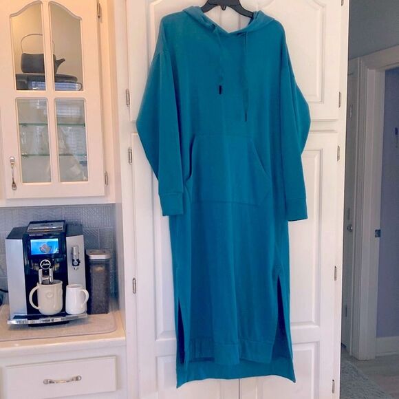 Stateside Teal Softest Fleece Hooded Midi Dress Kangaroo Pocket - Picture 3 of 9